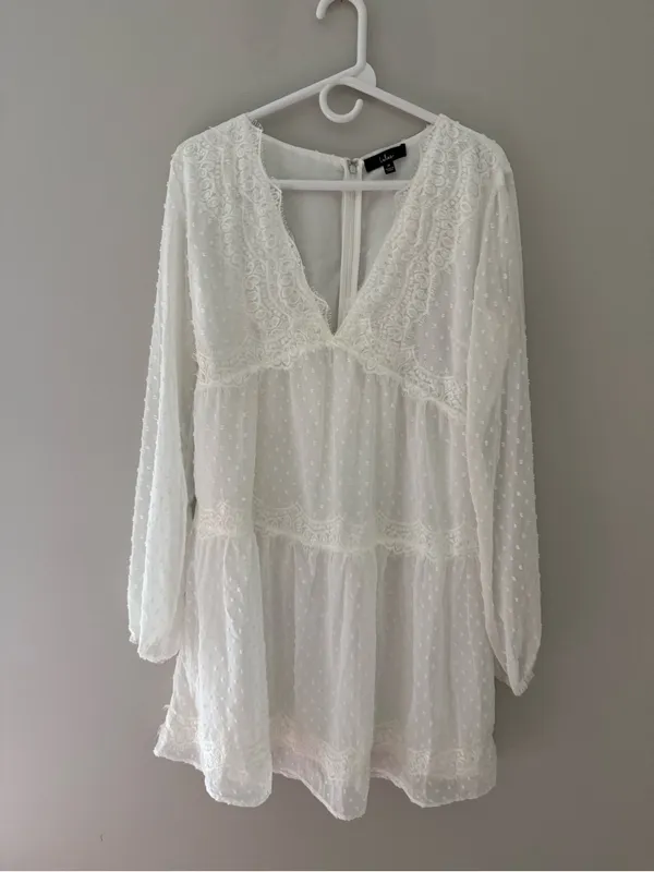 Lulus White Swiss Dot Lace Long Sleeve Babydoll Mini Dress M - Image 3