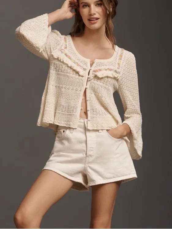 NWT Anthropologie Cream Crochet Knit Button-Front Sweater with Ruffle Trim - Image 3