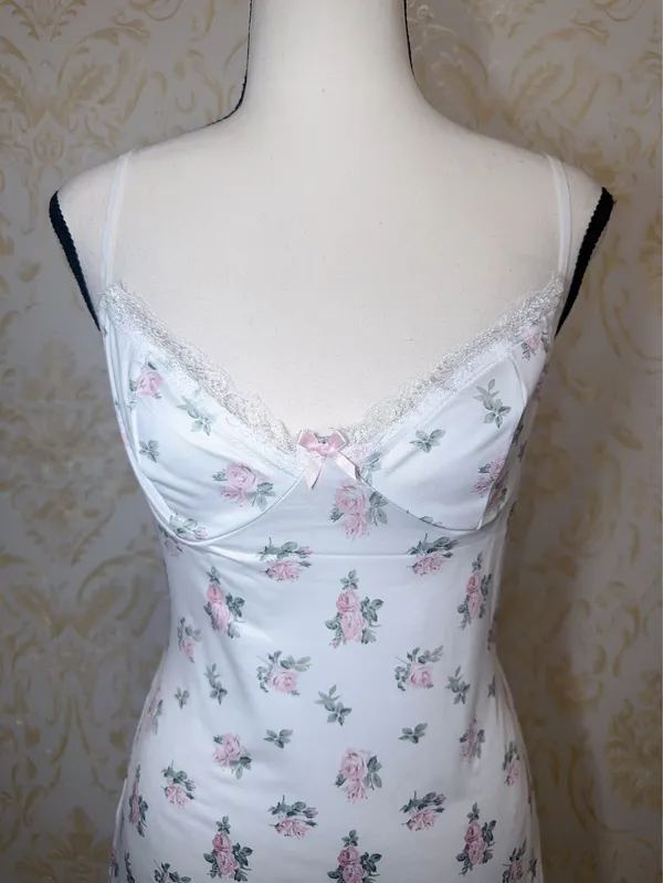 Cute white pink coquette floral lace trim mini dress with pink roses night gown size xs-s - Image 4