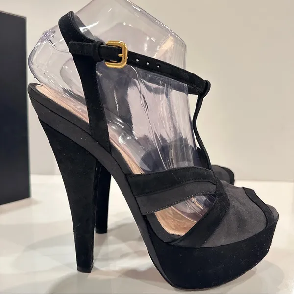 Prada Platform Stiletto T-strap Sandals Sz 39 Suede Black Gray Heels Peep Toe - Image 3