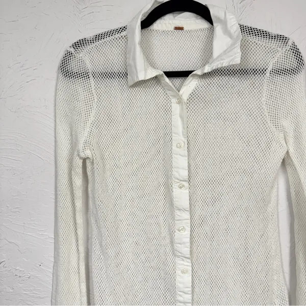 Free People White Crochet Long Sleeve Blouse Womens S Festival Boho Sheer Beachy - Image 4