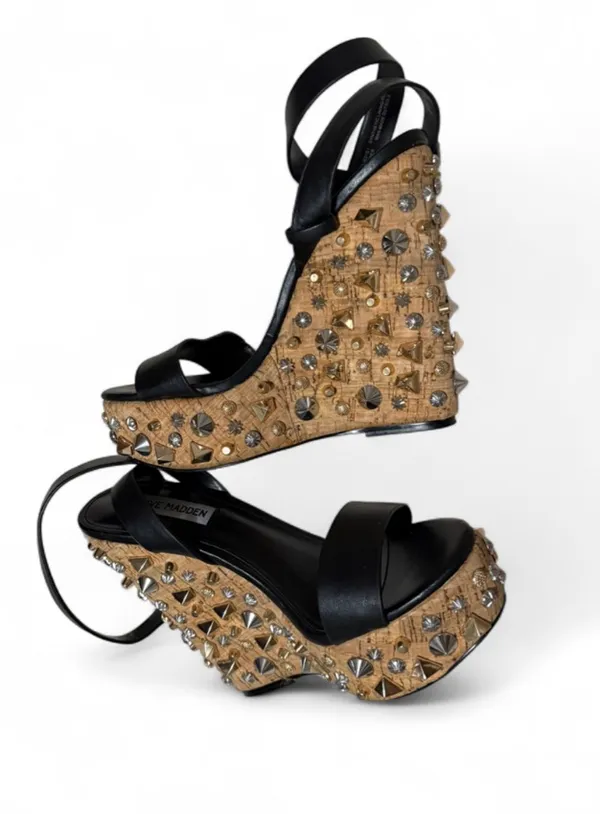 Steven Madden Black Leather Studded Wedge Sandals with Tan Wrapped Platform … - Image 7