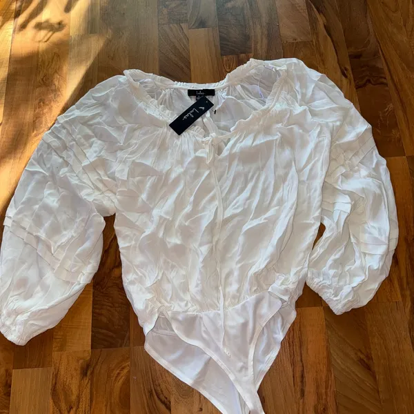 Lulus Womens White Balloon Sleeve Bodysuit Tie V-Neck‎ Romantic Blouse S peasant - Image 2