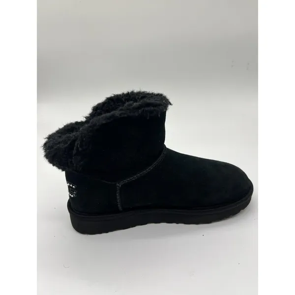 UGG Boots Womens Size 7 Black Suede Shearling Ankle Booties Rhinestone Logo - Image 6