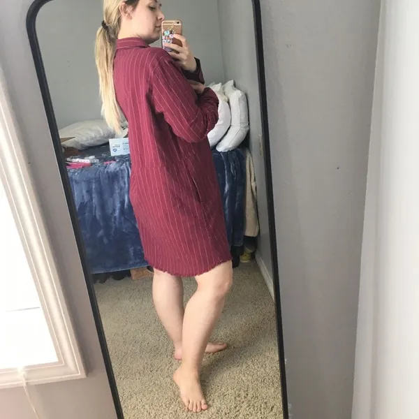 Umgee • Red Striped Long Sleeve Shirt Dress with Pockets Fringe Hem Medium - Image 8