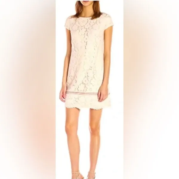 Vince Camuto Lace Sheath Dress Ivory Excellent Floral Cap Sleeve‎ Women Size 8 - Image 2