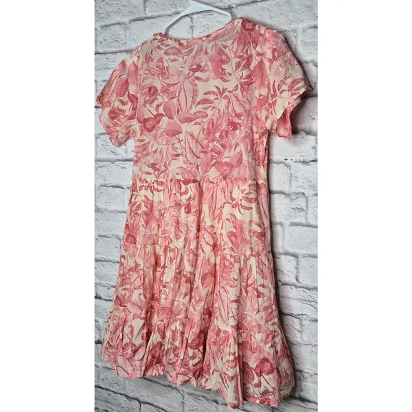 OLIVACEOUS Pink Tropical Toile Floral Tiered Mini Dress Cotton Tassel Boho Med. - Image 5