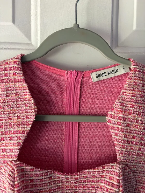 Grace Karin Pink Tweed Square Neck Mini Fit and Flare Dress Sz S VTG 60s Insp - Image 7