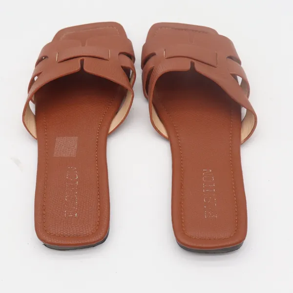 FASHION Brown Textured H-Band Flat Slide Sandals Square Toe Size 10 43 0050 - Image 3