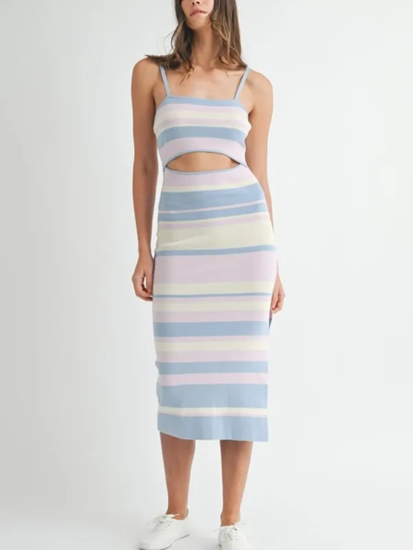 Multi Color Striped Front Cut Out Knit Midi Dress - Image 3