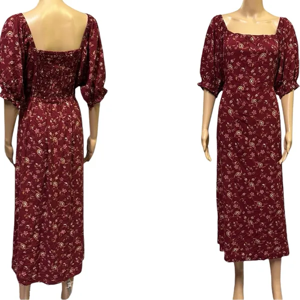 Mod Lusive Rayon Burgundy Floral Print Smocked Back Puff Sleeve Maxi Dress XL - Image 2
