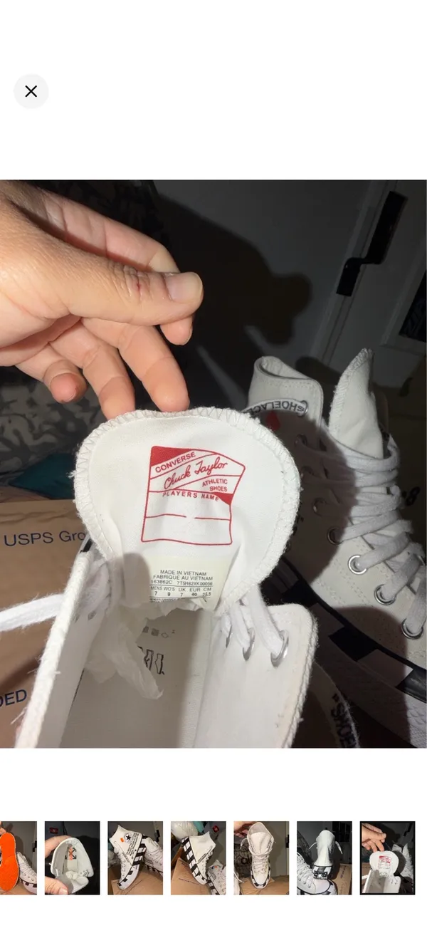 Converse White High-Top Sneakers with Black Checkerboard and Orange Tabs - Image 8