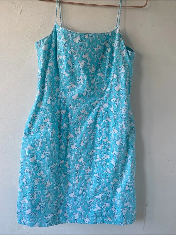 Lilly Pulitzer vintage pelicans Turquoise & White Paisley Spaghetti-Dress - Image 3