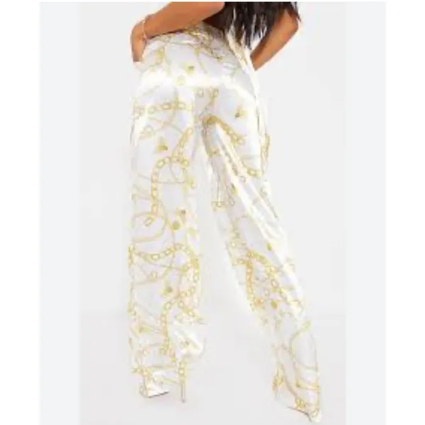 PrettyLittleThing Cream Chain Satin High Waist Wide-Leg Pants Size‎ 8 Night Out - Image 2