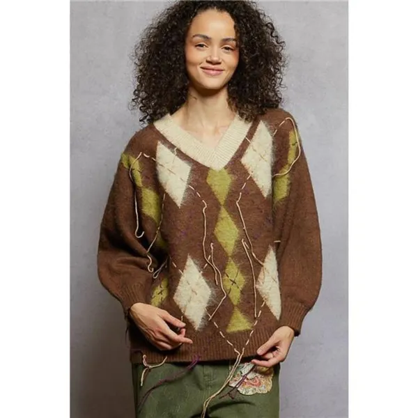 POL V-Neck Argyle Pattern Mohair Sweater with‎ Contrast Exposed Stitch Detail - Image 3