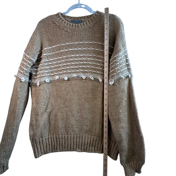 Elsamanda Italy Alpaca Wool Blend Chunky Knit Sweater Tan White Stripe Large‎ L - Image 7