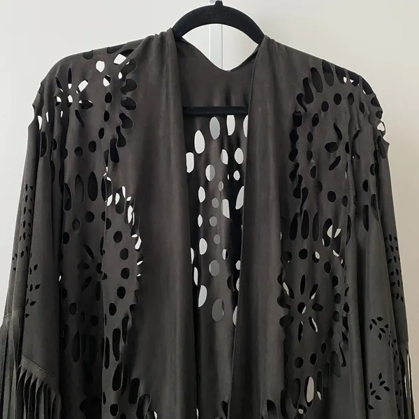 Whimsigoth Faux Suede Boho Western Witchy Laser Cut Fringe Shawl Kimono OS Black - Image 2