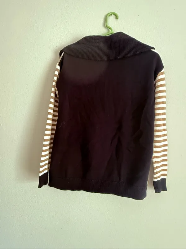 Cabi Mascot Cardigan 6448 Tan White Striped Black Full Zip Sweater - Image 5