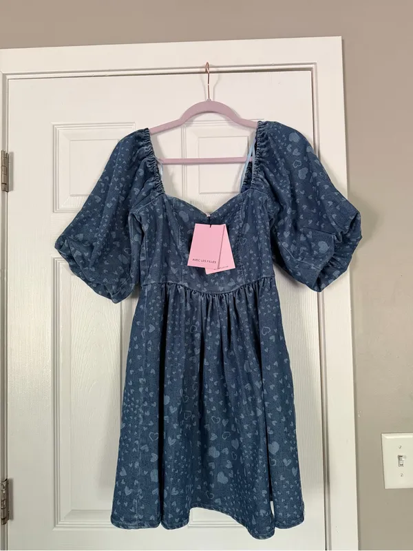 Avec Les Filles Bow Back Puff Sleeve Hearts Denim Mini Dress - Image 2
