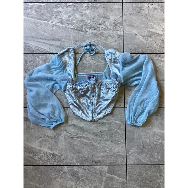 Urban Outfitters Light Blue Velvet Corset Top Sheer Balloon Sleeve XS - Image 3