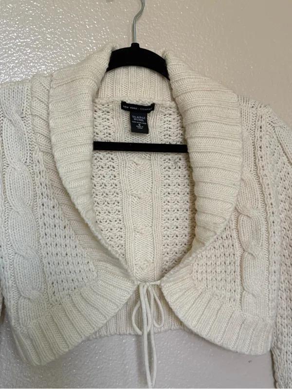 New York & Company Wool Cable Knit Cropped Tie Cardigan Y2K Coquette S - Image 3