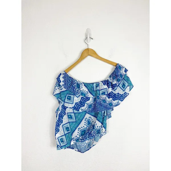 NWT RAMY Brook Milo Blue Printed Off The Shoulder Cropped Top Large Ruffle - Image 13