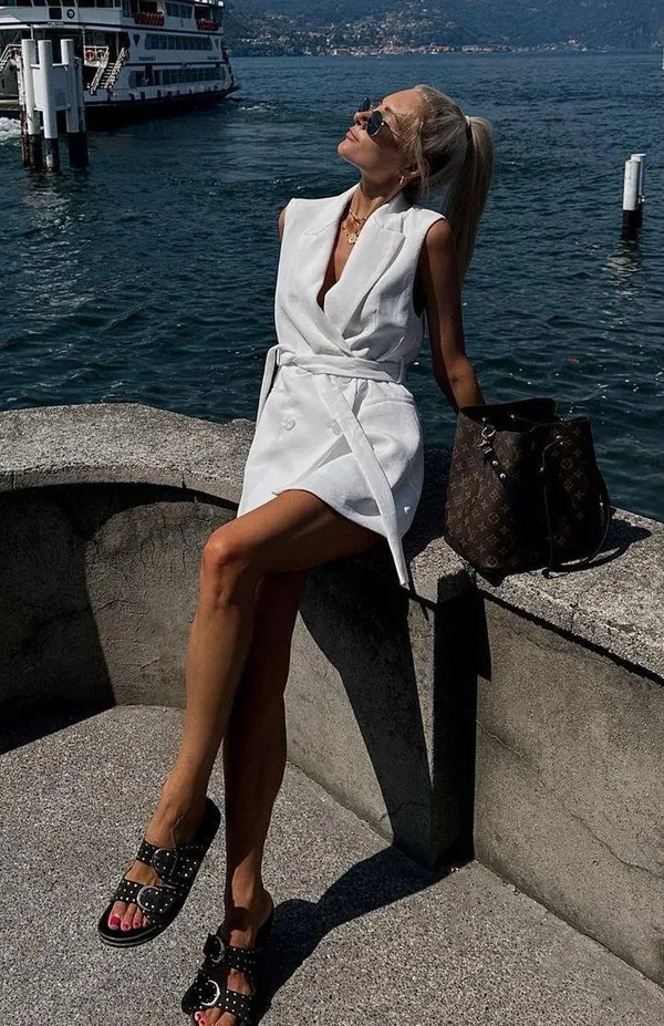 white vest double breasted sleeveless blazer jacket with waist tie - Image 2