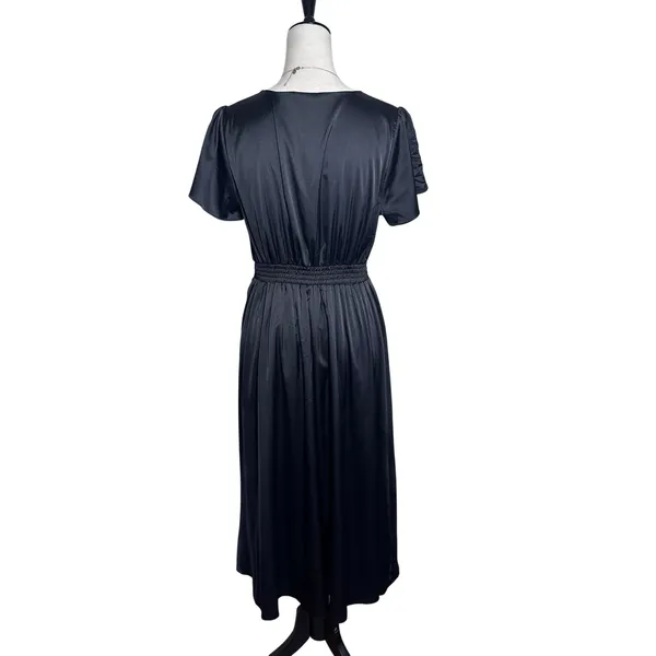 Baltic Born Poppy Satin Midi Dress Black Short Sleeve Tie Front‎ V-Neck Medium - Image 2