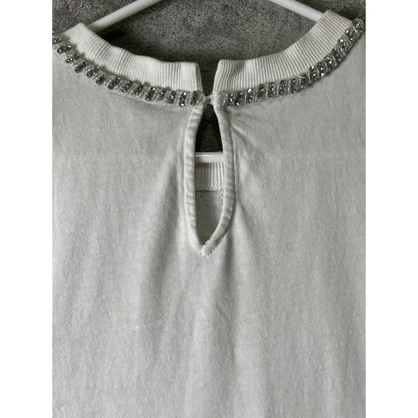 Maeve Anthropologie White Cotton Embellished Bow Neck Short Sleeve Top Small - Image 4