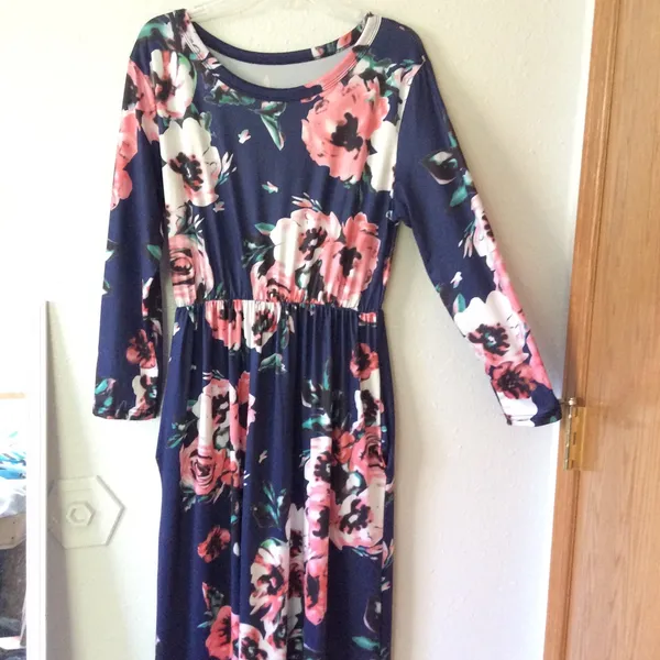 maxi long sleeve floral dress, jersey, blue, flowers - Image 5