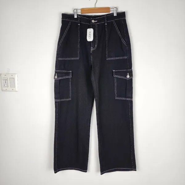 Cider Happy Hour Cargo Jeans Wide Leg Black Denim Contrast Stitch Size XL - Image 14