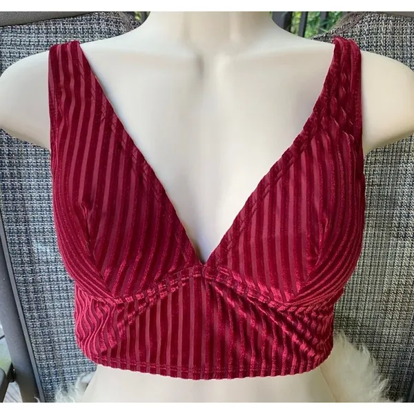 VS PINK burgundy maroon dark red striped velvet bralette top size M 80B - Image 7