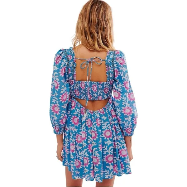 Free People Sacha Mini Babydoll‎ Dress Blue Pink Floral Open Back Boho Small New - Image 3
