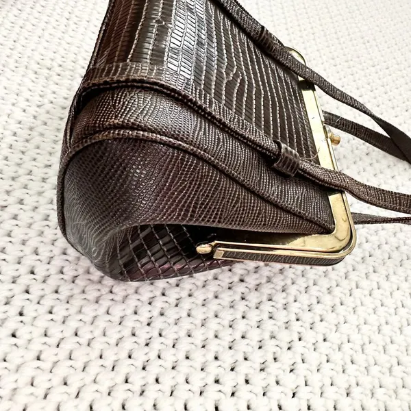After Five Brown Reptile Textured Leather Framed Small Evening Bag Vintage - Image 5