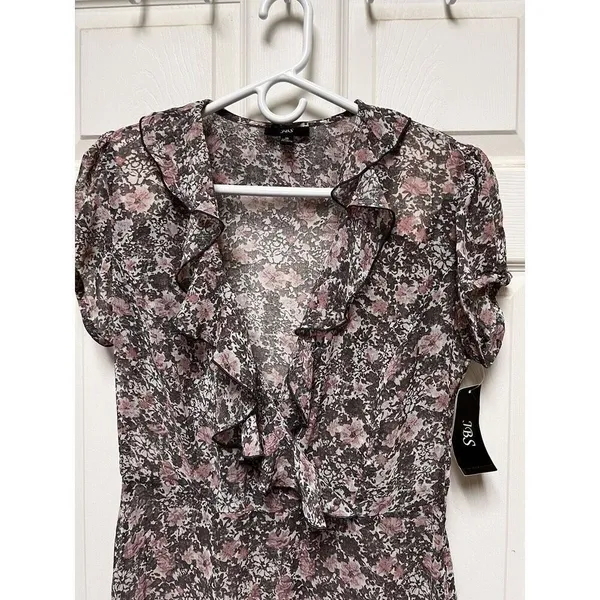 JBS Women Brown Pink Floral Ruffle V-Neck Sheer Mini Dress Size 10 NWT - Image 4