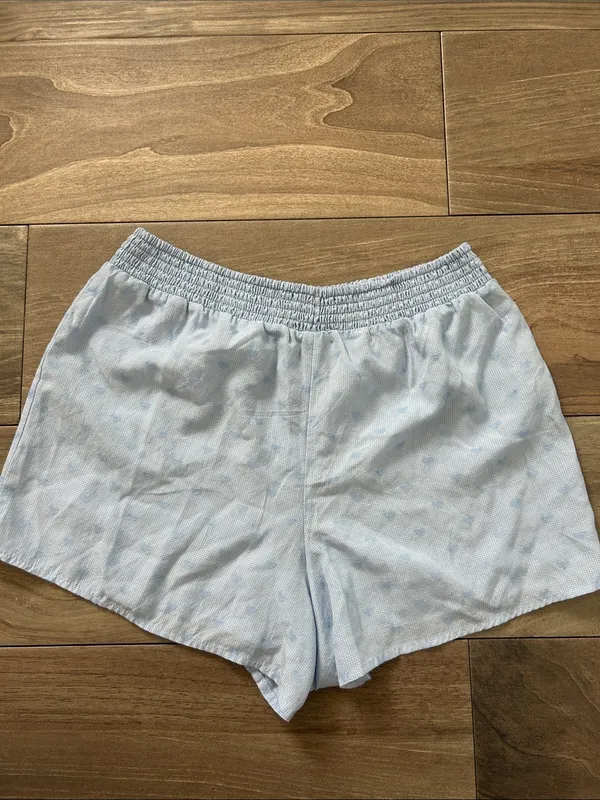 Lux Light Blue Elastic Waist Pajama Shorts w Heart Plaid Print - Image 3