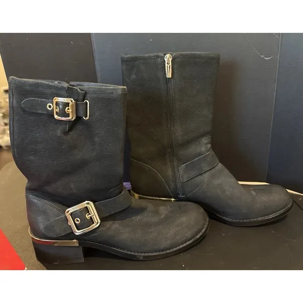 Vince Camuto Womens 8.5 Windy Moto Boots Black Leather Gold Buckle Mid Calf - Image 7