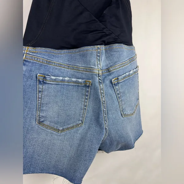 Isabel Maternity Mid Short Denim Jean Shorts Blue Raw Hem Crossover Panel - Image 9