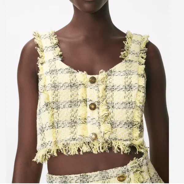 Zara Textured Weave Frayed Hem Yellow Black Tweed Clueless Crop Top Y2K Medium - Image 2