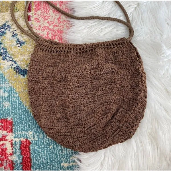 Vintage No Brand Neutral Brown Boho Knit Shoulder Bag Purse - Image 4