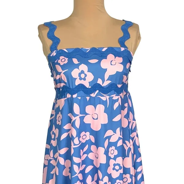 Romantic Boho Blue Pink Floral Maxi Dress M Ruffle Hem Scallop Straps Festival - Image 3