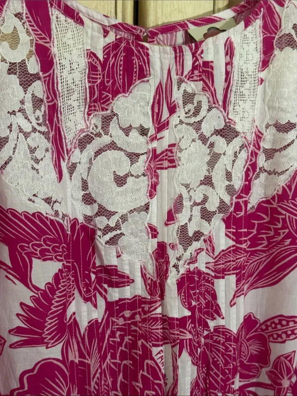 Farm Rio Tropical Woodcut Dress Pink Floral Appliqué Lace Resort Wear Smocked L - Image 9
