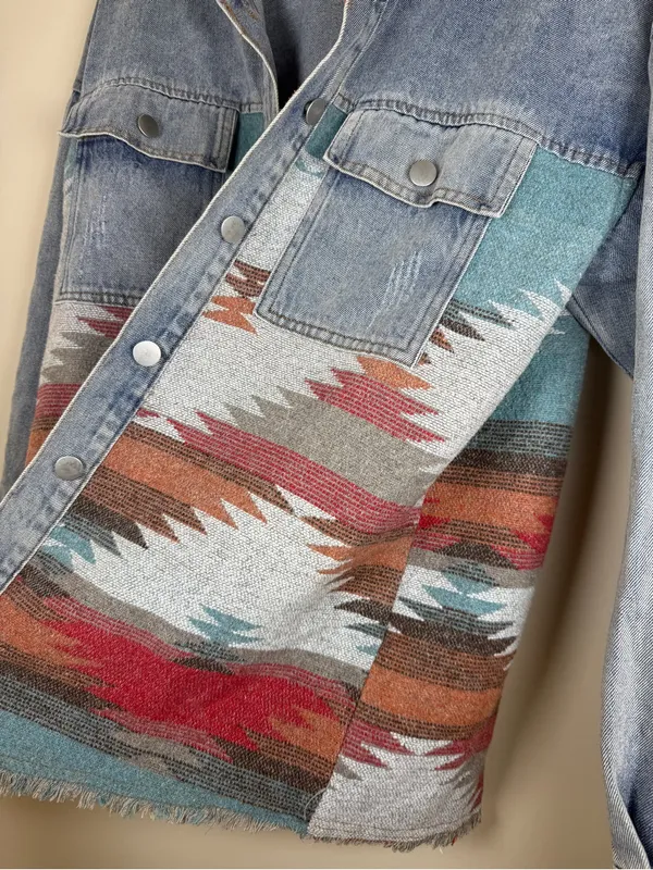 Women's Patchwork Denim Jacket Aztec Print Shacket Oversized Boho sz XS Blue - Image 4