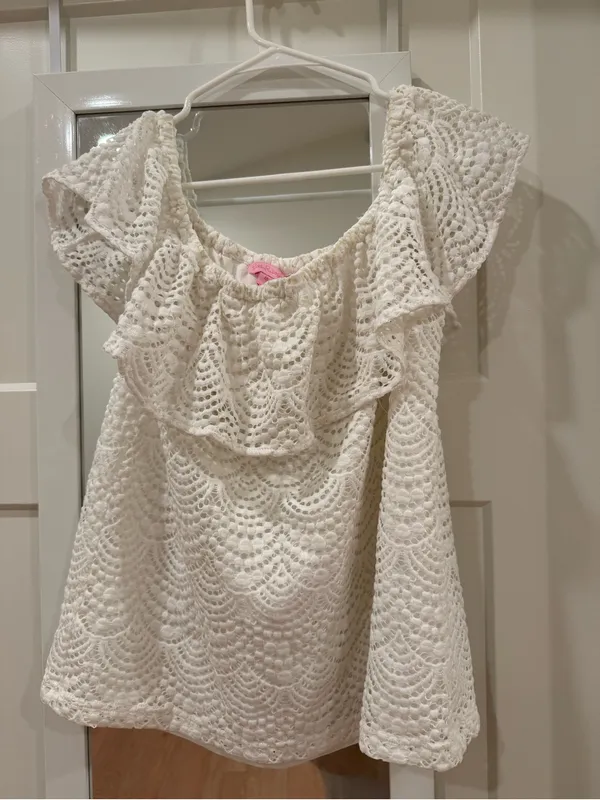 white off-the-shoulder lace eyelet ruffle top w flutter sleeves Lilly Pulitzer - Image 2