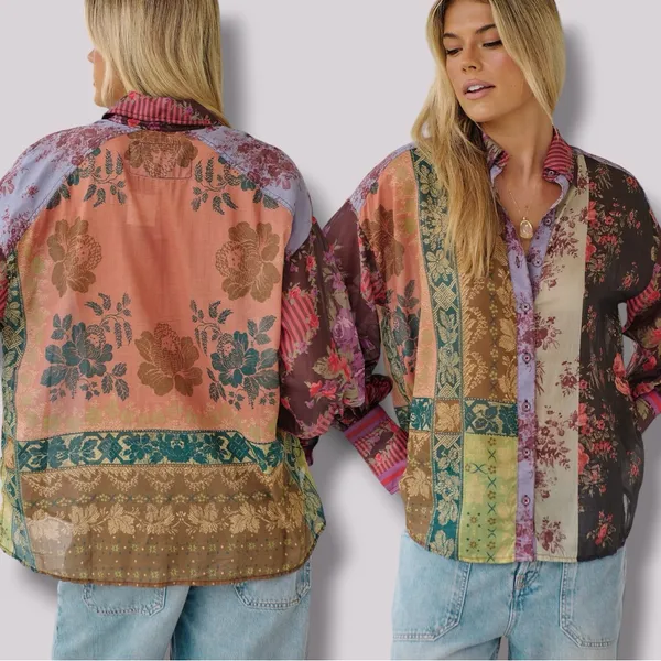 Free People Bohemian Patchwork Flower Patch Top Berry Combo Oversized Small Fall - Image 8