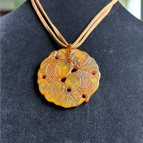 Carved Faux Stone Fish Yin Yang Style Necklace 17-19” - Image 2