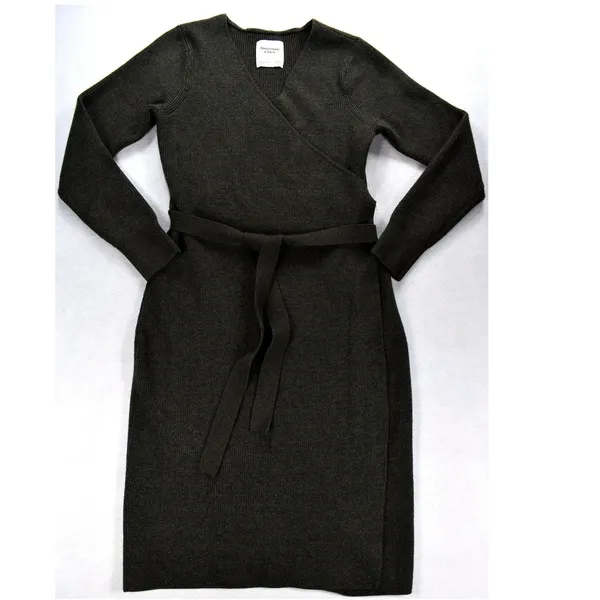 Abercrombie & Fitch Ribbed Knit Wrap Belted Midi Sweater Dress char Grey Large - Image 5