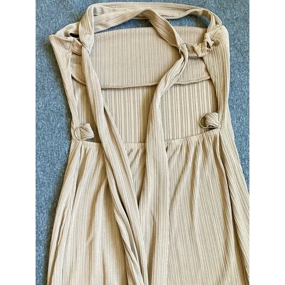 Ribbed Knit Maxi Dress Women Medium Tan Excellent‎ Open Back Bodycon Tie Detail - Image 6