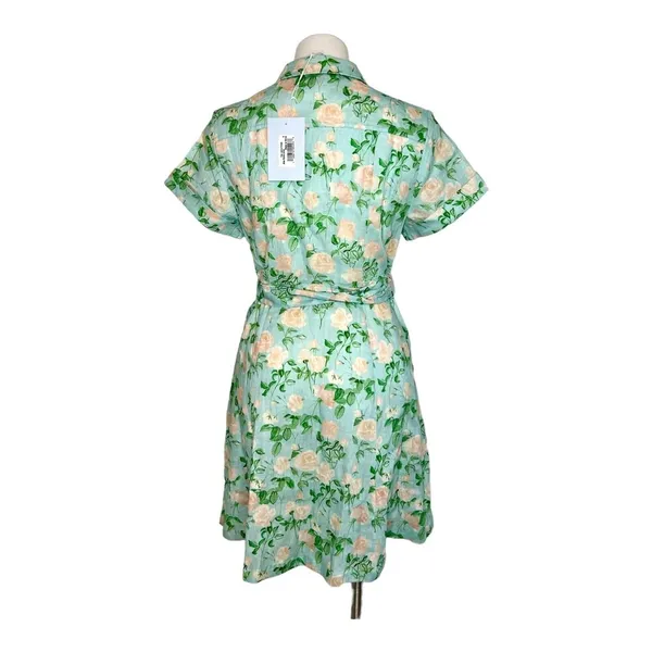 New HILL HOUSE HOME Blue Roses Linen Laura Dress Size Small Button Front Belted - Image 3