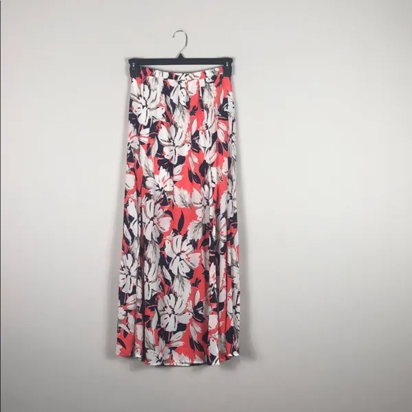 Floral Maxi Skirt Coral Navy High Waist Elastic Waist Side Slit Size Small - Image 8